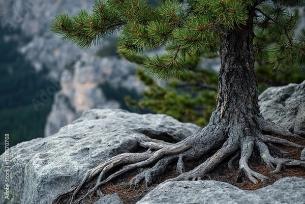 Fototapeta Pine tree with exposed roots on rocky cliff