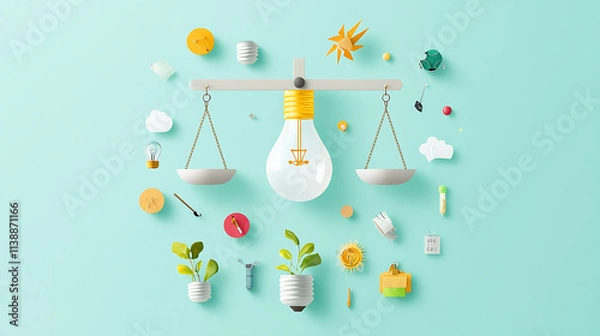 Fototapeta Light bulb balancing ideas and growth with colorful elements representing innovation and nature
