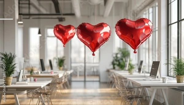 Fototapeta Vibrant red heart shaped foil balloons adorning a bright open plan office with plants and windows