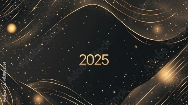 Fototapeta A minimal New Year design featuring abstract curved lines and circles in muted gold and silver tones, with a small, modern 2025 centered at the bottom, surrounded by tiny glowing stars
