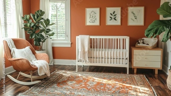 Fototapeta A serene and stylish nursery featuring a white crib, earthy tones, and plants, showcasing bohemian decor in a comfortable space.