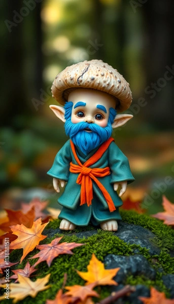 Fototapeta A whimsical mushroom-like character wearing a hat and holding a glowing lantern stands amidst colorful autumn leaves in an enchanting forest.