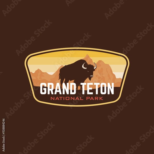 Fototapeta Grand Teton national park with Bison and mountain landscape Stickers badge patch emblem logo vector illustration