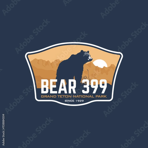 Fototapeta Grand Teton National Park with bear and mountain Stickers patch emblem badge Logo vector illustration