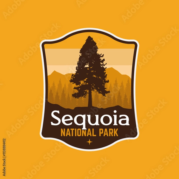 Fototapeta Sequoia National Park with redwood tree and mountain, Badge patch Stickers emblem logo vector illustration
