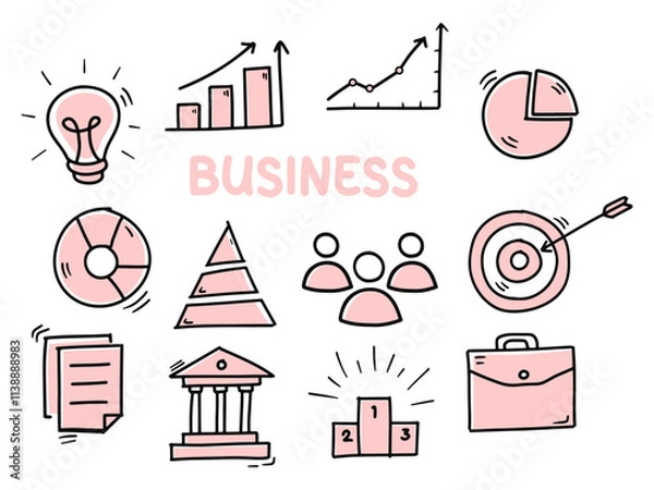 Fototapeta Set of icons with business, marketing theme. With doodle style. For layout, website, graphic design.