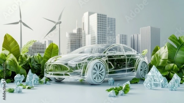 Fototapeta Transparent car made of glass material, surrounded by green leaves and three-dimensional energy crystals, environmentally friendly electric vehicle