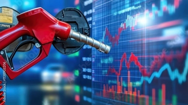 Fototapeta Gas pump handle held at filling station, with background showing stock market graphs and charts showing rising fuel prices