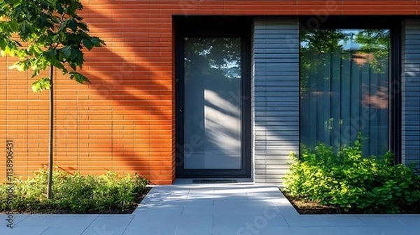 Obraz  a minimalistic architectural scene. building facade with a single centered door.Concept for  of simplicity, warmth, and serenity.