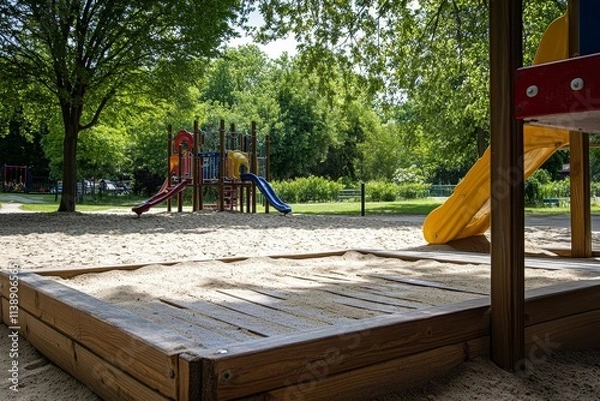 Fototapeta Wooden sandbox, playground equipment, sunny park setting.