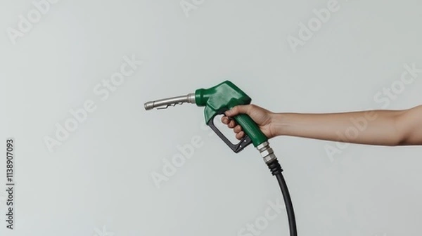 Fototapeta Hand holding gas pump at night, cinematic and photorealistic creating depth and focus on hand and fuel equipment