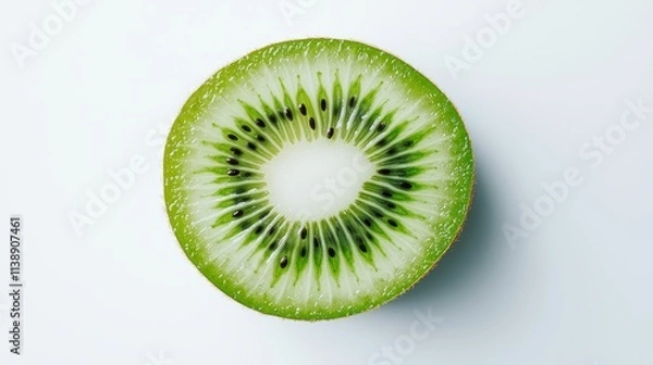 Fototapeta Fresh kiwi fruit sliced in half, seeds vividly detailed, centered on a pure white background, highlighting vibrant green color and juicy texture