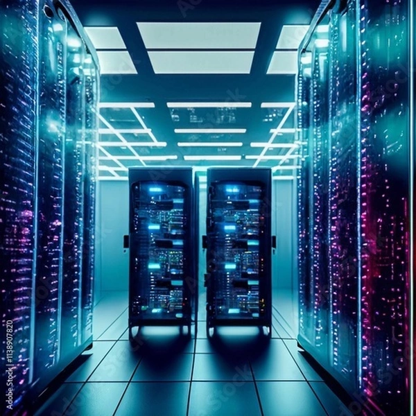 Obraz Data centers filled with rows and rows of servers as blinking light indicate constant processing, high detail, cinematic angle composition