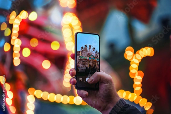 Fototapeta Hand with smartphone taking photos at the Christmas market, blurry bokeh lights in the background, copy space, selected focus