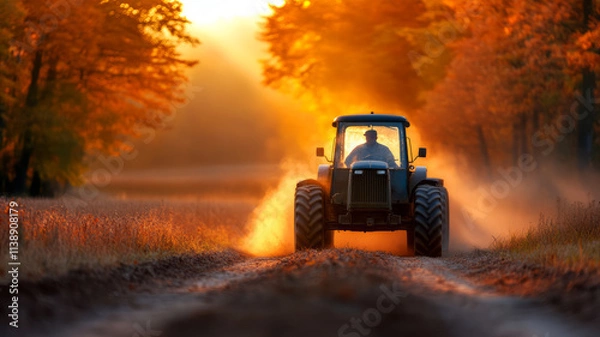 Fototapeta Tractor Driving on Dusty Road Through Autumn Forest at Sunset with Warm Golden Light