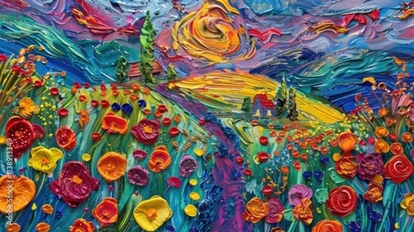 Fototapeta Abstract a colorful flowers fields with a house at the end of road. Impasto painting