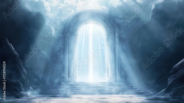 Fototapeta Fantasy light beams emanating from the gate of heaven in the ancient afterlife in white and blue, with a magical atmosphere of spirituality theme