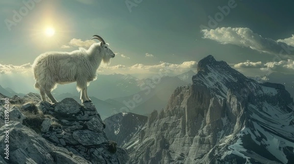 Obraz The mountain goat in 'Majestic Mountain', ascending the stone gray grand, breathtaking, and summit snow majestic mountain, with the sun illuminating the rugged, rocky terrain