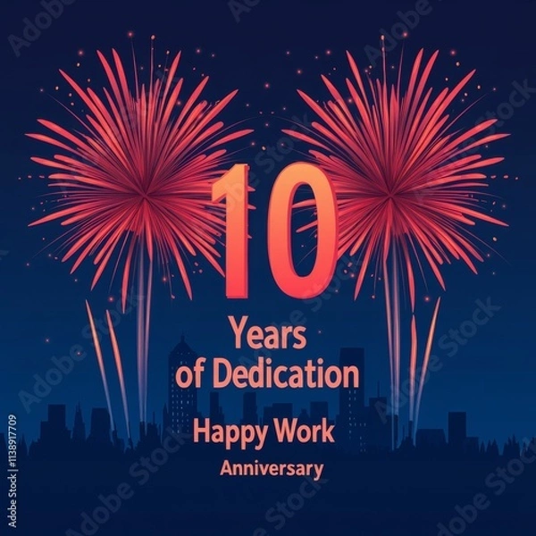 Obraz Happy work anniversary in the office. A festive graphic celebrating 10 years of dedication with fireworks and a message of happy work anniversary.