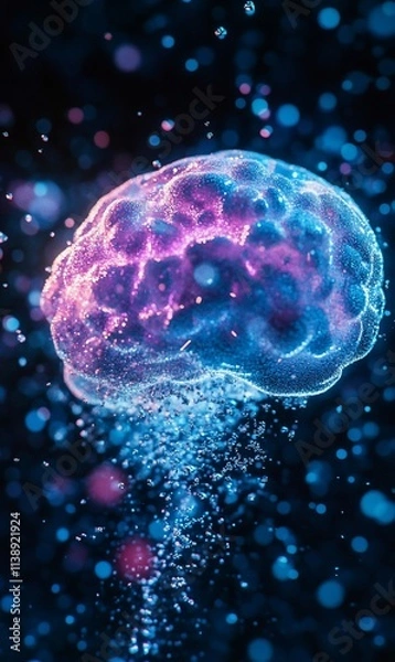 Fototapeta Glowing brain with particles on dark background.