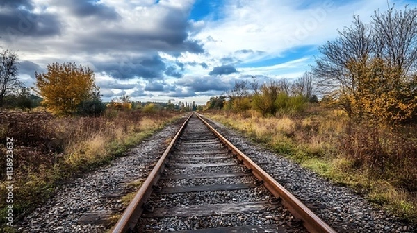 Fototapeta Empty Railroad Tracks Through Autumn Landscape. Concept of Journey, Solitude, and Nature.