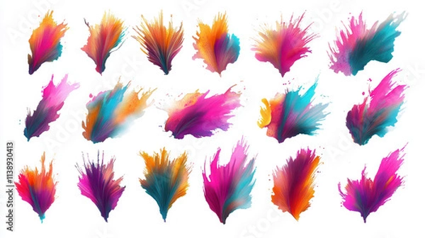 Fototapeta A set of abstract watercolor splashes in bold, vibrant shades of turquoise, magenta, and gold. Each splash is cleanly defined and isolated on a pure white background, appearing artistic yet sharp with