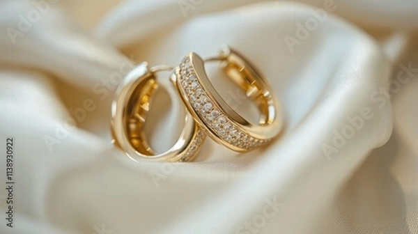Fototapeta Small huggie hoop earrings with diamond accents, isolated on a white background for a subtle, elegant appeal .