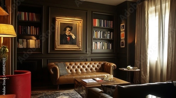 Fototapeta Elegant Library with Rich Wood Paneling and a Leather Sofa