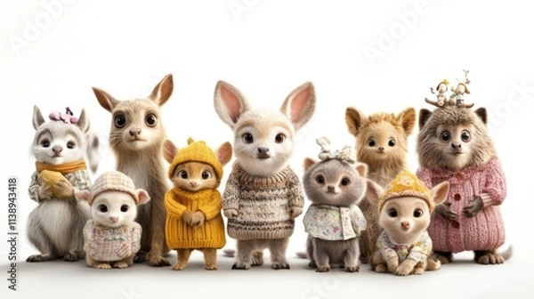 Fototapeta Group of different types of mammals wearing cute spring clothes gathered facing camera with funny faces on plain white background