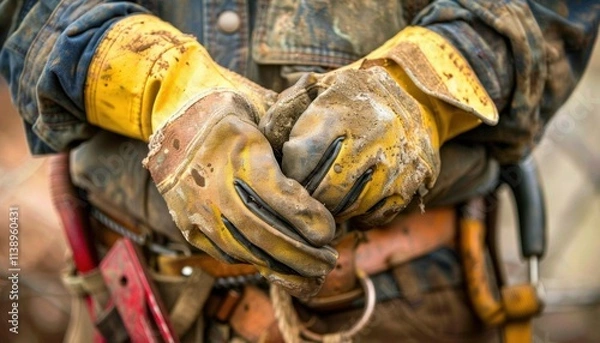 Fototapeta Worker?s hands in dirty gloves, preparing for a task.