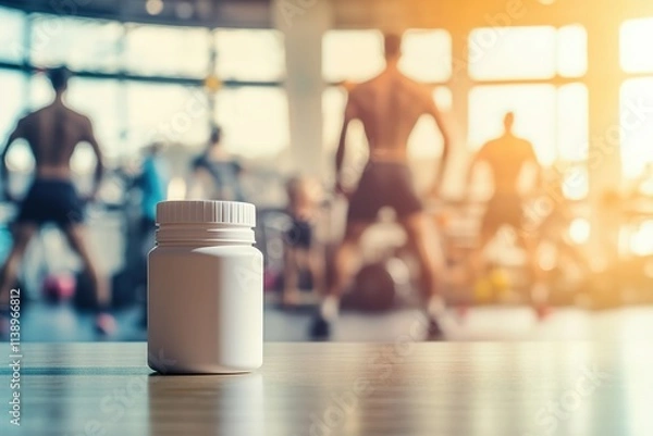 Fototapeta Bottle of supplements in gym with exercising people blurred in background