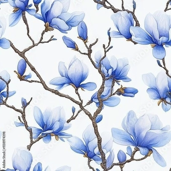 Fototapeta hyper realistic photo of  A blue floral pattern features delicate flowers and leaves on a white background, creating an elegant and serene design
