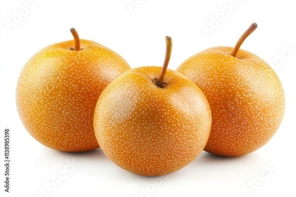 Fototapeta Closeup of Three Ripe Pears With a Smooth Yellow Skin Isolated on a White Background. Generative AI