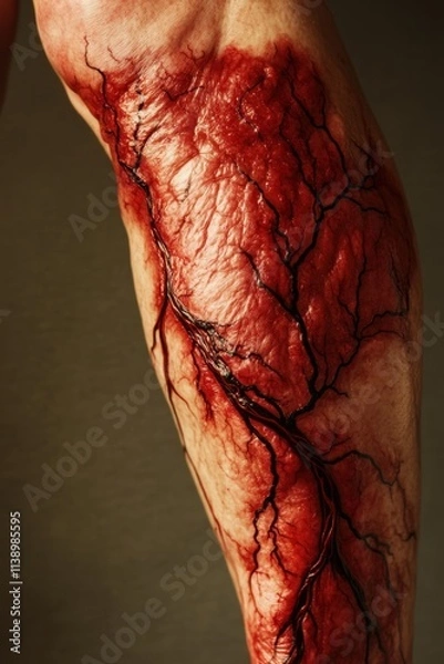 Fototapeta A close-up of a realistic, artistic representation of a human leg with veins.