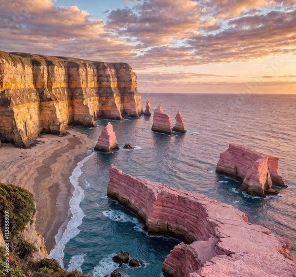 Fototapeta Scenic coastal landscape featuring rock formations and a vibrant sunset over the ocean.