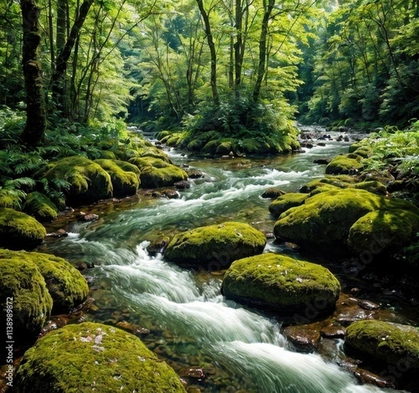 Fototapeta A serene forest landscape featuring a flowing river and moss-covered rocks.