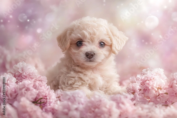 Obraz Adorable Fluffy Puppy Amidst a Bed of Pink Blossoms Springtime Charm