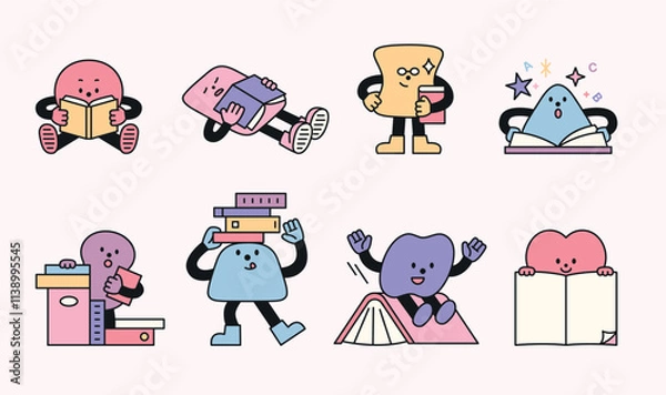 Obraz Cute geometric characters. Reading books, sleeping, or playing. Illustrations on the theme of reading.