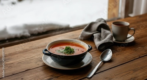 Fototapeta Warm tomato soup and coffee on wooden table by snowy window