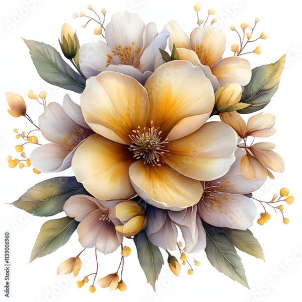 Fototapeta Nature, flowers, clipart watercolor painting of flower, symmetrical pattern, botanical print on white background, vintage style.QW-0478