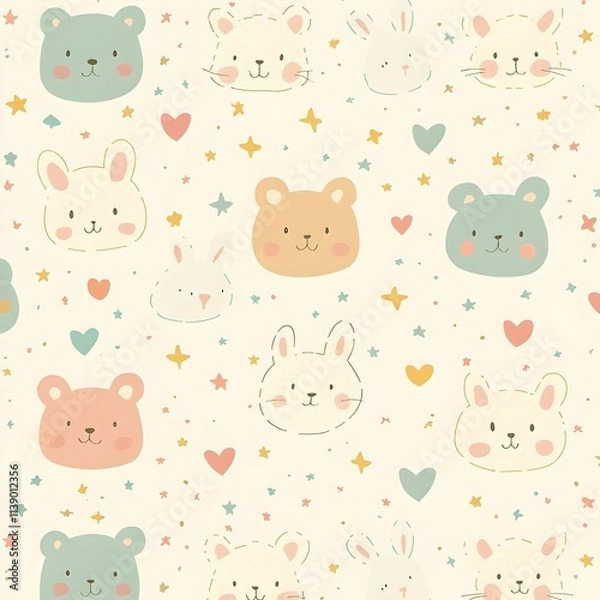 Fototapeta Cute Animal Pattern: Pastel Bunnies, Stars, and Hearts in a Cheerful and Playful Design, Adorable Animal Faces with Colorful Hearts and Stars in a Seamless Pattern