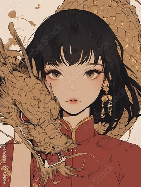 Fototapeta A girl in a red and gold Chinese-style dress, with short black hair and bangs, holding the head of a white snake-dragon.