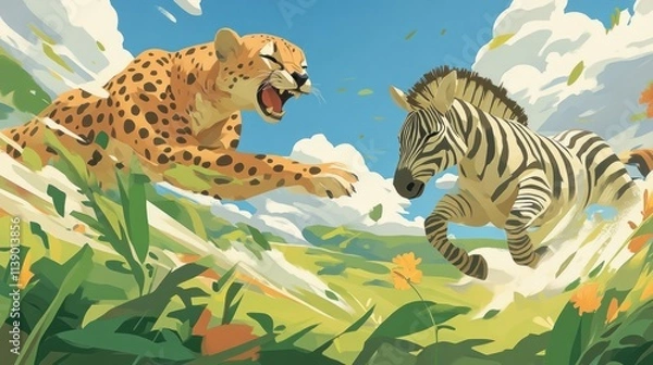 Fototapeta A cheetah chases a zebra through a vibrant landscape, showcasing the thrill of nature.