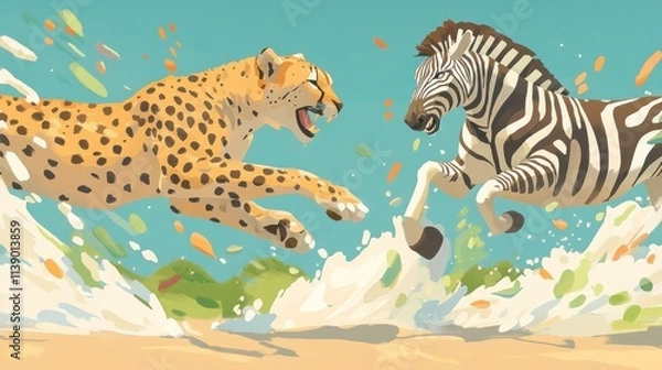 Fototapeta A cheetah chases a zebra through splashing water in a vibrant, dynamic scene.
