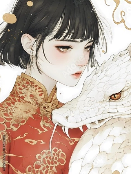Fototapeta A girl in a red and gold Chinese-style dress, with short black hair and bangs, holding the head of a white snake-dragon.