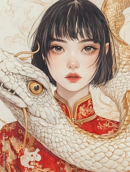 Fototapeta A girl in a red and gold Chinese-style dress, with short black hair and bangs, holding the head of a white snake-dragon.