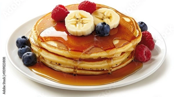Fototapeta A stack of golden-brown banana pancakes drizzled with maple syrup and topped with banana slices and berries