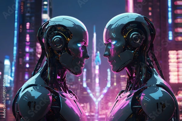 Obraz Two robots facing each other, glowing with romantic connection