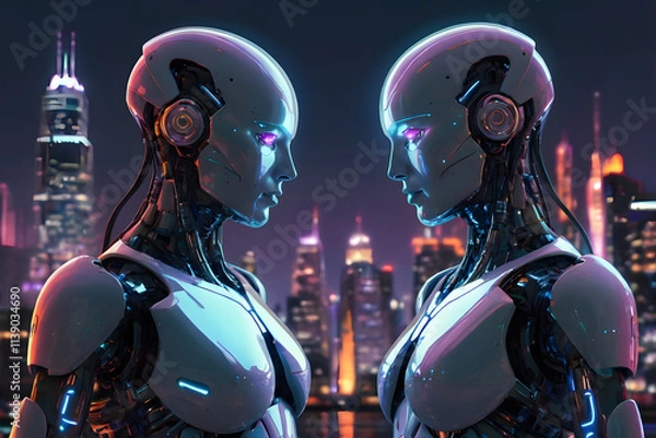 Obraz Two robots facing each other, glowing with romantic connection