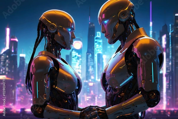 Obraz Two robots facing each other, glowing with romantic connection